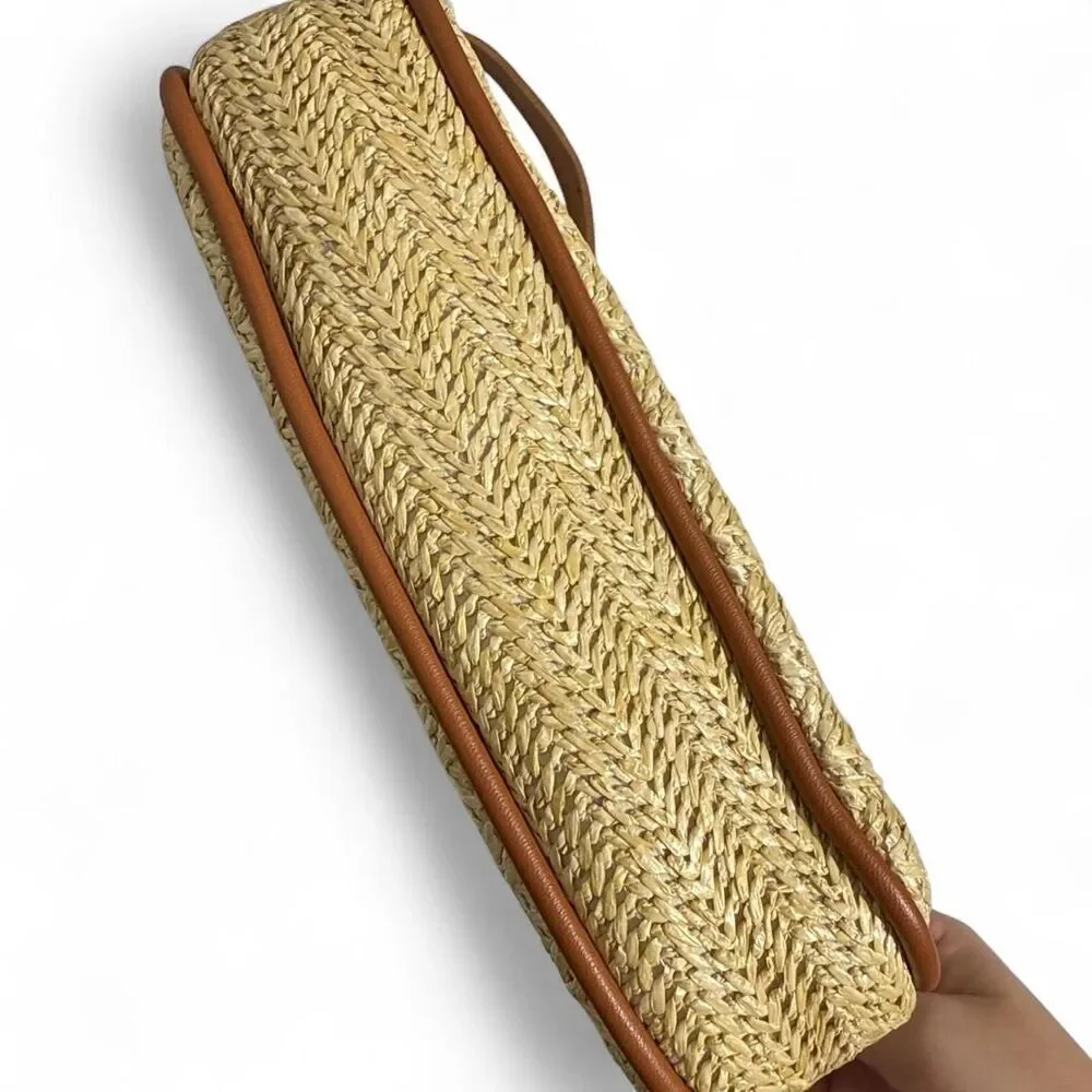 Brown & tan woven straw summer handbag with herringbone pattern